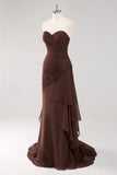 Dark Brown Sweetheart Ruched Ruffled Formal Dress