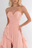 Pink A Line Chiffon Ruffled Long Prom Dress