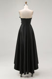 Sparkly Black Hi-Low A-Line Strapless 3D Flowers Ruffle Satin Formal Dress