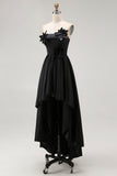 Sparkly Black Hi-Low A-Line Strapless 3D Flowers Ruffle Satin Formal Dress