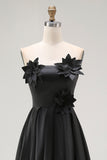Sparkly Black Hi-Low A-Line Strapless 3D Flowers Ruffle Satin Formal Dress