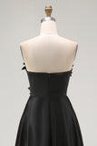 Sparkly Black Hi-Low A-Line Strapless 3D Flowers Ruffle Satin Formal Dress