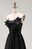 Sparkly Black Hi-Low A-Line Strapless 3D Flowers Ruffle Satin Formal Dress