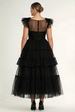 Black A-Line Flatter Sleeves Ruffles Tulle Tea Length Formal Dress