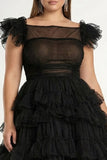 Black A-Line Flatter Sleeves Ruffled Tulle Plus Size Midi Formal Dress