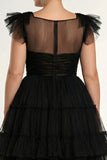 Black A-Line Flatter Sleeves Ruffled Tulle Plus Size Midi Formal Dress