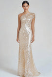 Sparkly Champagne Mermaid One Shoulder Formal Dress with Sequins