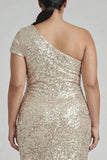 Sparkly Champagne One Shoulder Plus Size Sheath Formal Dress with Sequins