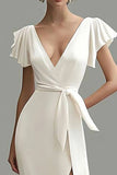 White Deep V Neck Mermaid Satin Formal Dress with Slit