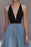 V Neck Black Blue Pleated Tulle Long Formal Dress