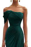 Mermaid Dark Green One Shoulder Pleated Long Formal Dress