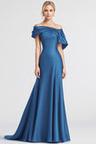 Blue Off the Shoulder Satin Mermaid Long Formal Dress