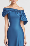 Blue Off the Shoulder Satin Mermaid Long Formal Dress