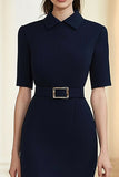 Navy Polo Collar Mediumsleeves Midi Formal Dress