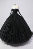 Black Ball Gown Off the Shoulder Tulle Quinceanera Dress with 3D Flowers