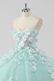 Princess Mint Ball Gown Strapless Tulle Quinceanera Dress with 3D Flowers