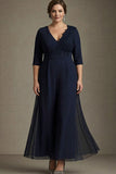 Navy A-Line V-Neck Chiffon Plus Size Mother of the Bride Dress with Appliques