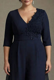Navy A-Line V-Neck Chiffon Plus Size Mother of the Bride Dress with Appliques