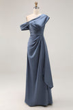 Grey Blue Mermaid One Shoulder Satin Ruched Formal Dress with Ruffles