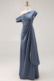 Grey Blue Mermaid One Shoulder Satin Ruched Formal Dress with Ruffles