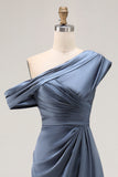 Mermaid Grey Blue One Shoulder Satin Ruched Mother Of Bride Dress with Ruffles