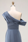 Grey Blue Mermaid One Shoulder Satin Ruched Formal Dress with Ruffles