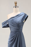 Mermaid Grey Blue One Shoulder Satin Ruched Mother Of Bride Dress with Ruffles