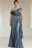 Grey Blue Mermaid One Shoulder Satin Ruched Formal Dress with Ruffles