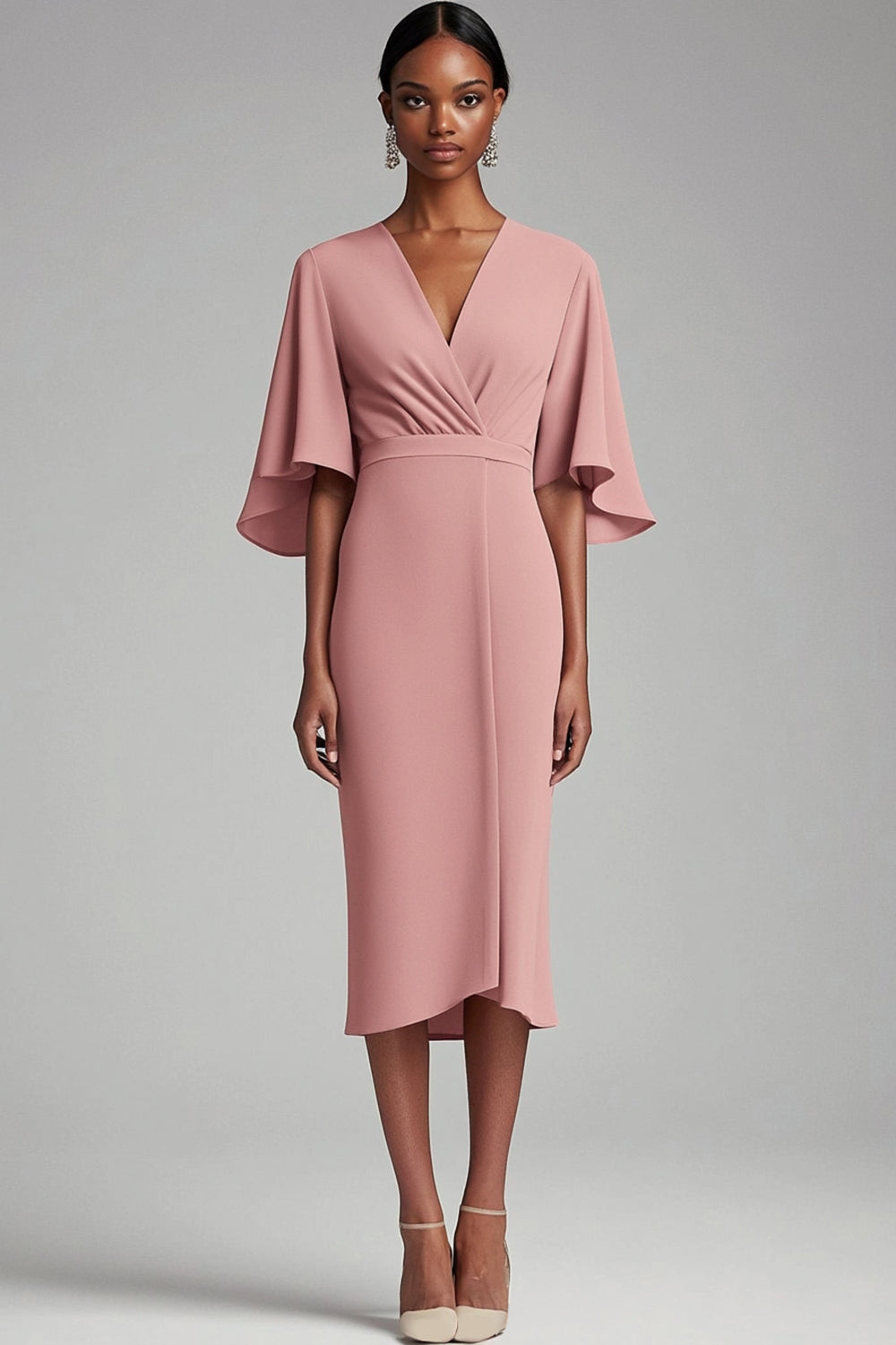 Zapaka Women Pink V Neck Mother Of Bride Dress Bodycon Chiffon Long Mother Dress with 1/2 Sleeves Zapaka CA Zapaka Women Pink V Neck Mother Of Bride Dress Bodycon Chiffon Long Mother Dress with 1/2 Sleeves Zapaka CA