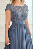 Elegant Grey Blue A Line Cap Sleeve Mother Of Bride Dress With Lace Appliques