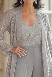 Grey V Neck Bodycon Lace Party Jumpsuit with Lace Coat