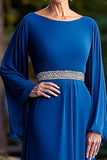 Royal Blue Loose Fit Long Sleeves Beaded Pleated Round Neck Mother Of Bride Dress