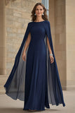 Navy Chiffon A-Line Round Neck Long Choir Dress with Cape