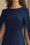 Navy Chiffon A-Line Round Neck Long Choir Dress with Cape