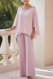 Sparkly Pink Flowy Long Sleeves Beaded Chiffon Mother of the Bride Jumpsuit