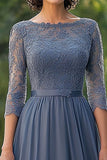 Dusty Blue A-Line 3/4 Sleeves Lace Top Chiffon Long Mother of the Bride Dress