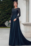 Navy Satin Lace Scoop Mother of the Bride Dress with Long Sleeves