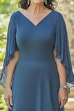 Dusty Blue Asymmetrical V Neck Ruffled Half Sleeve Mother of the Bride Dress