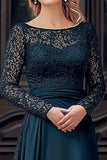 Elegant Navy Scoop A Line Satin Lace Mother of the Bride Dress with Long Sleeves