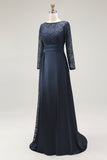 Elegant Navy Scoop A Line Satin Lace Mother of the Bride Dress with Long Sleeves