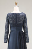 Elegant Navy Scoop A Line Satin Lace Mother of the Bride Dress with Long Sleeves