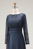 Elegant Navy Scoop A Line Satin Lace Mother of the Bride Dress with Long Sleeves