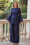 Navy Chiffon Round Neck Long Mother of the Bride Pant Suits