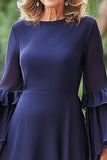 Navy Chiffon Round Neck Long Mother of the Bride Pant Suits