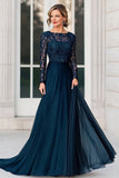 Navy A-Line Lace and Chiffon Long Sleeves Long Mother of the Birde Dress