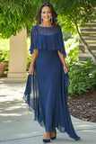 Navy Chiffon Sheath Long Mother of the Bride Dress with Cape