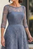 Dusty Blue Lace A-Line Half Sleeves Tea Length Mother of the Bride Dress