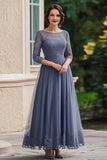 Dusty Blue Lace 3/4 Sleeves Mother Of The Bride Dress with Lace