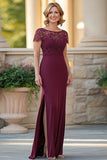 Elegant Burgundy Bodycon Lace Applique Mother Of Bride Dress With Slit