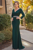 Elegant Dark Green Long Sleeve Mother Of Bride Dress With Beading